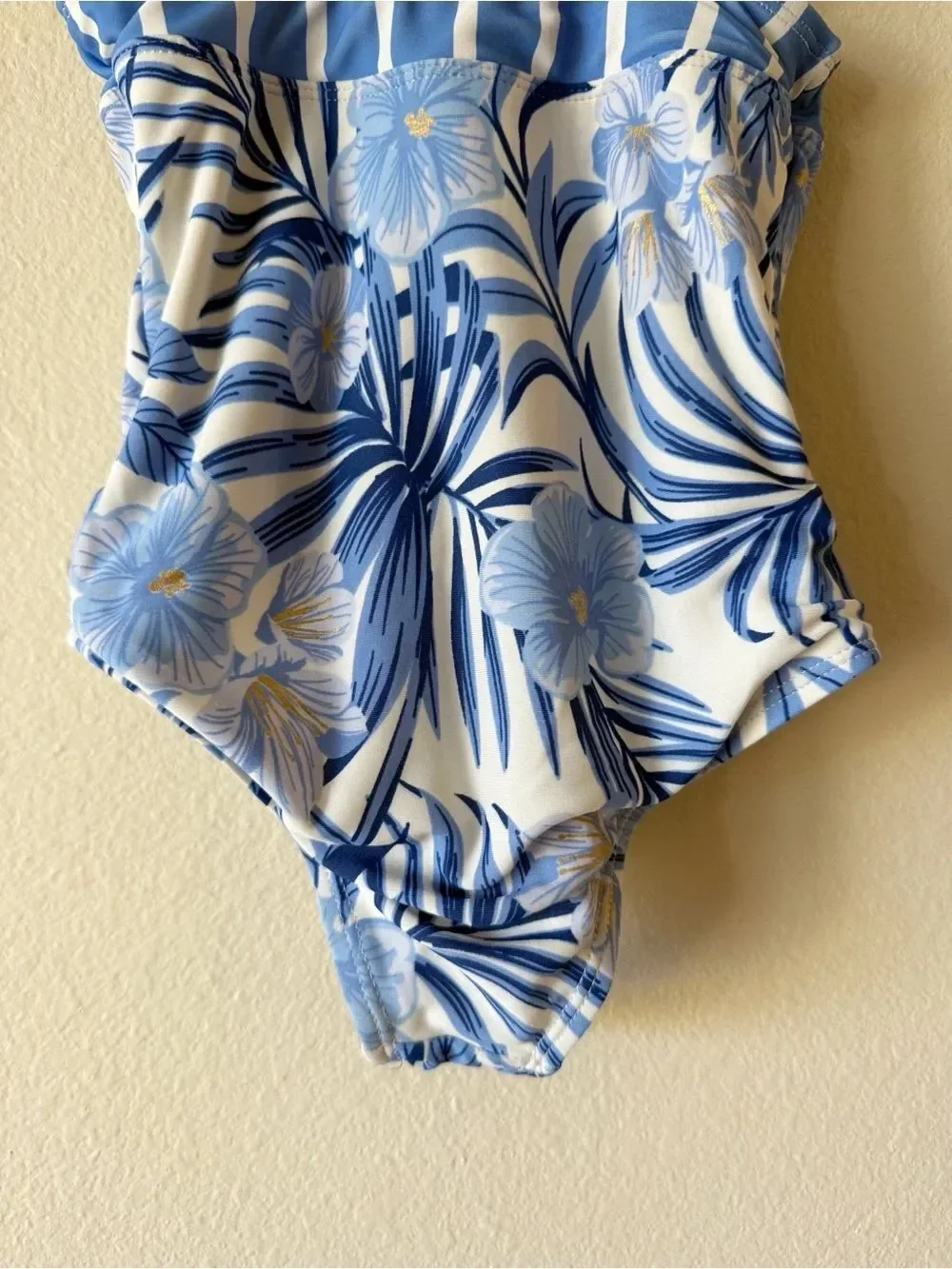 Tommy Bahama Girls Blue Tropical Floral Ruffle One Piece Swimsuit